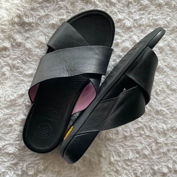 Fitflop Black Leather Crisscross Strap Wedge Slide Sandals Size 8 - Picture 10 of 15